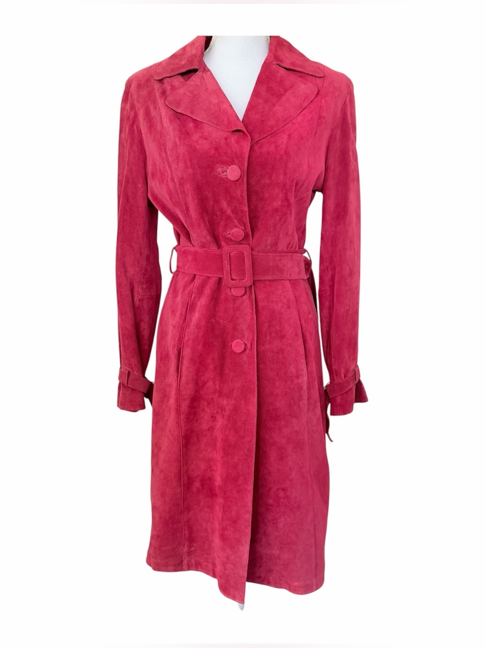 Vintage Bebe Red Genuine Suede Leather Trench Coat Belted Y2K 90s Boho M